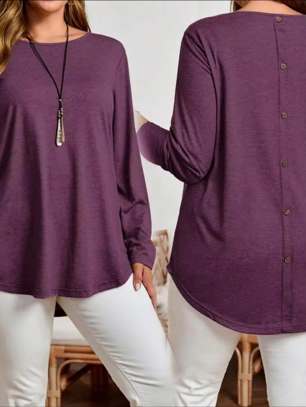 Emery Rose Women's Long Sleeve Scoop Neck Top - Plum With Button Back
